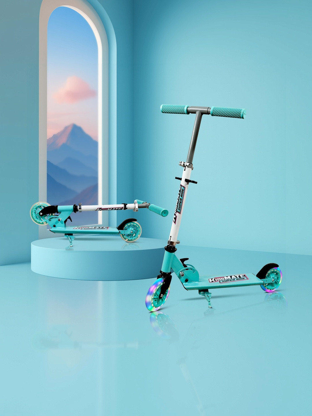 KIDSMATE Sea Green Height Adjustable & Anti-Slip Deck Metal Kick Scooter With LED Wheels