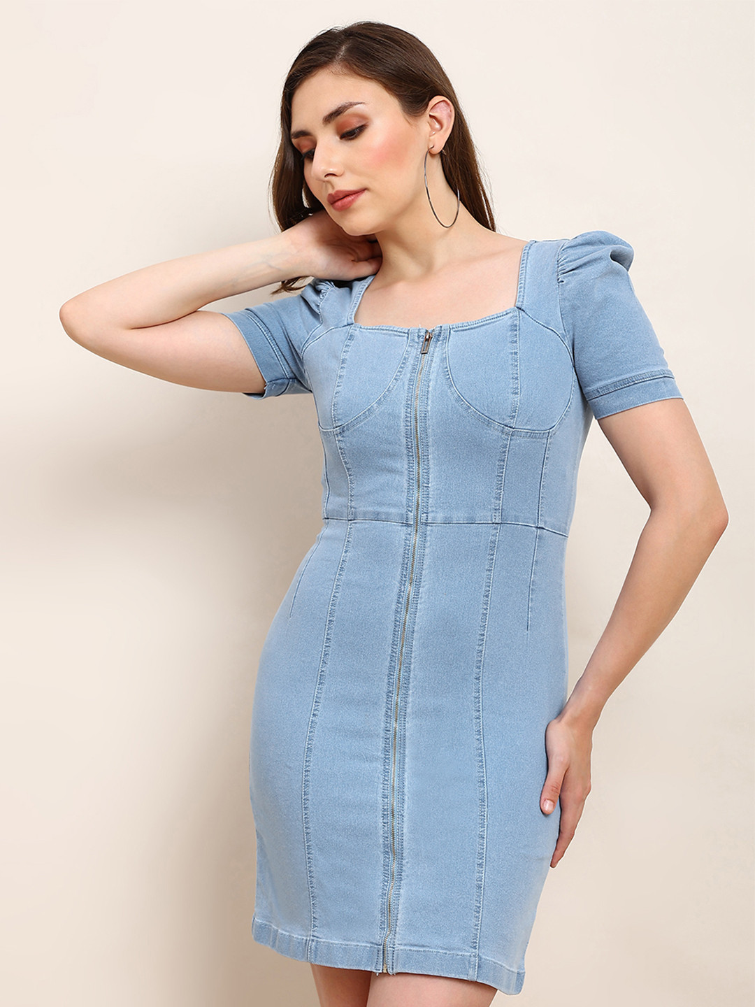Globus Square Neck Puff Sleeves Zip Detail Mini Bodycon Denim Dress