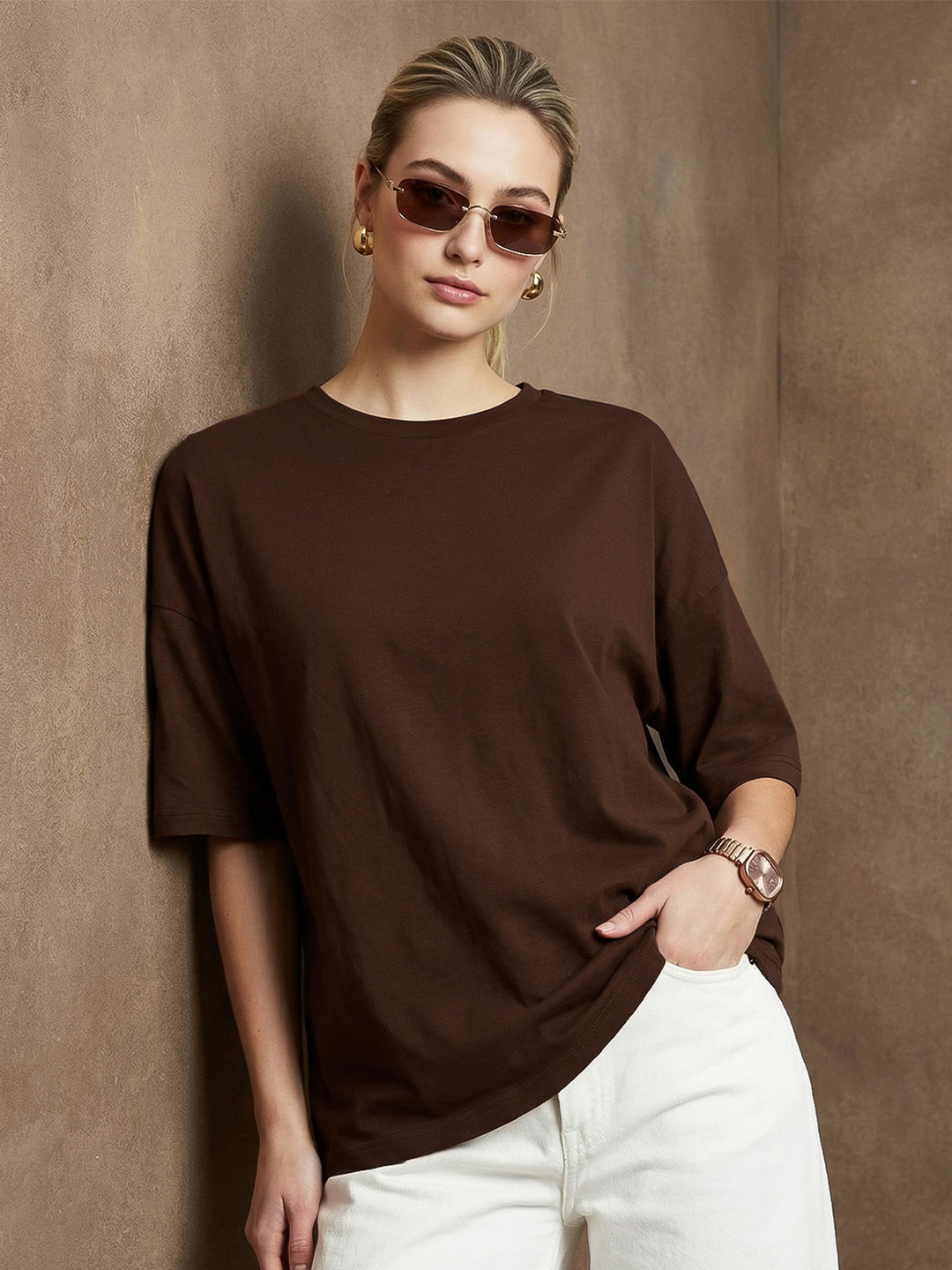 JUNEBERRY Women Brown Solid Pure Cotton Round Neck Oversized Fit T-shirt