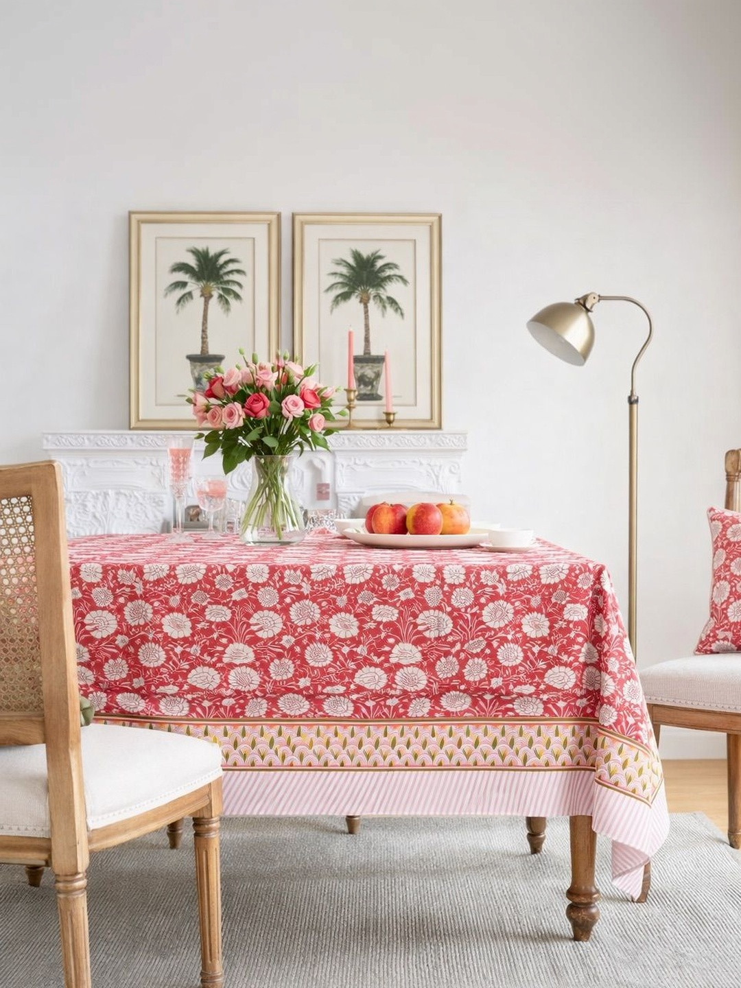 elanorhomes Red Floral Cotton 6-Seater Table Cover