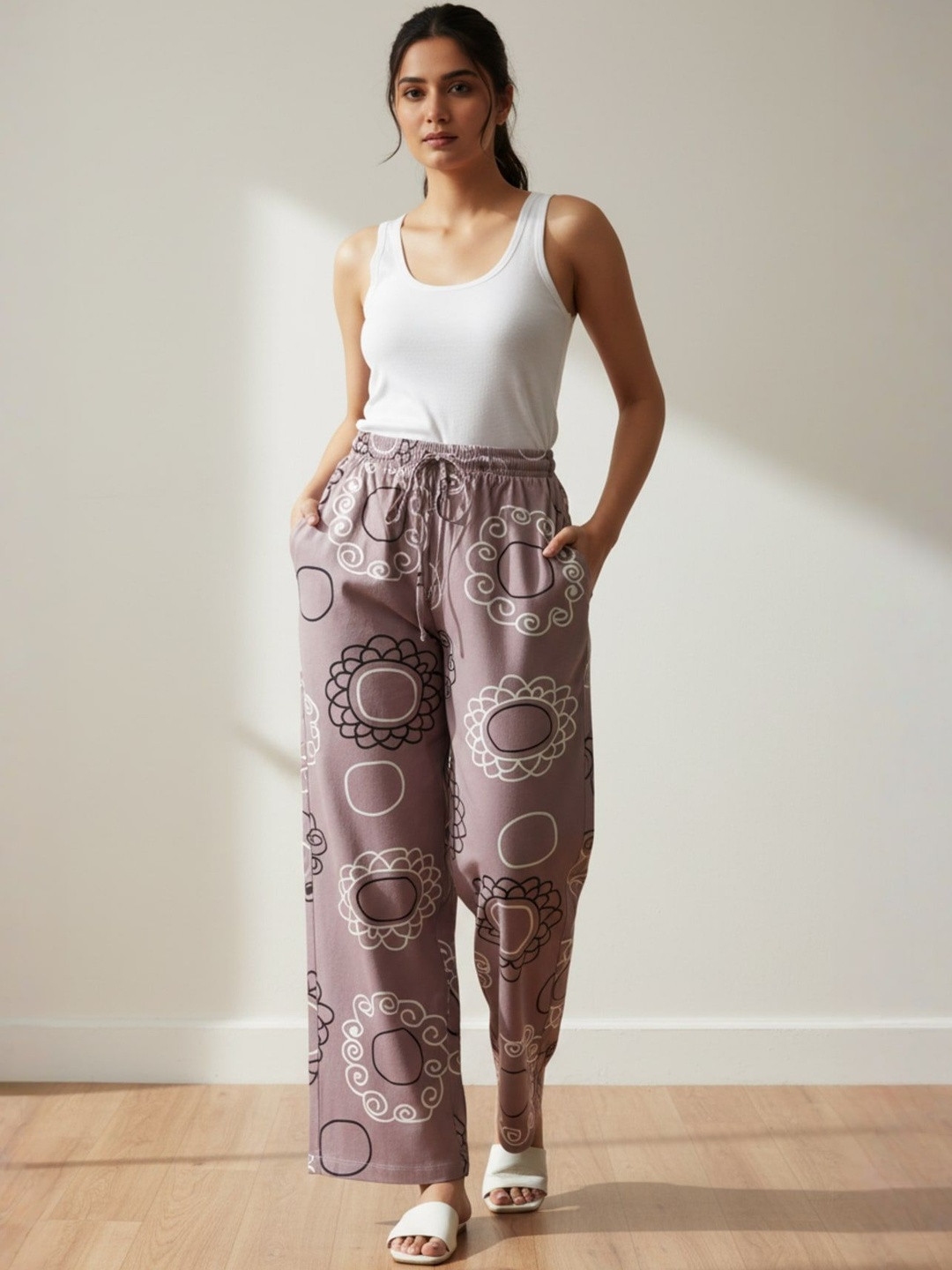 BLUWEEA Women Printed Cotton Straight-Leg Lounge Pant