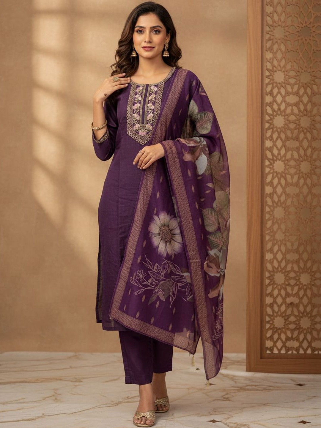 Women Basket Women Ethnic Motifs Embroidered Regular Thread Work Kurta with Trousers & With Dupatta
