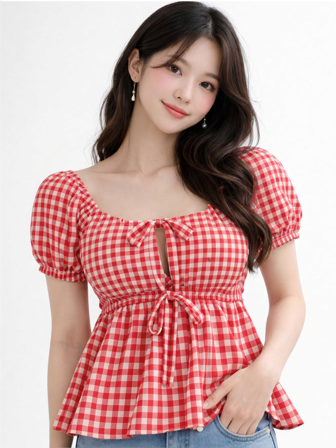 EZLIA Red Gingham Checks Square Neck Short Sleeves Top