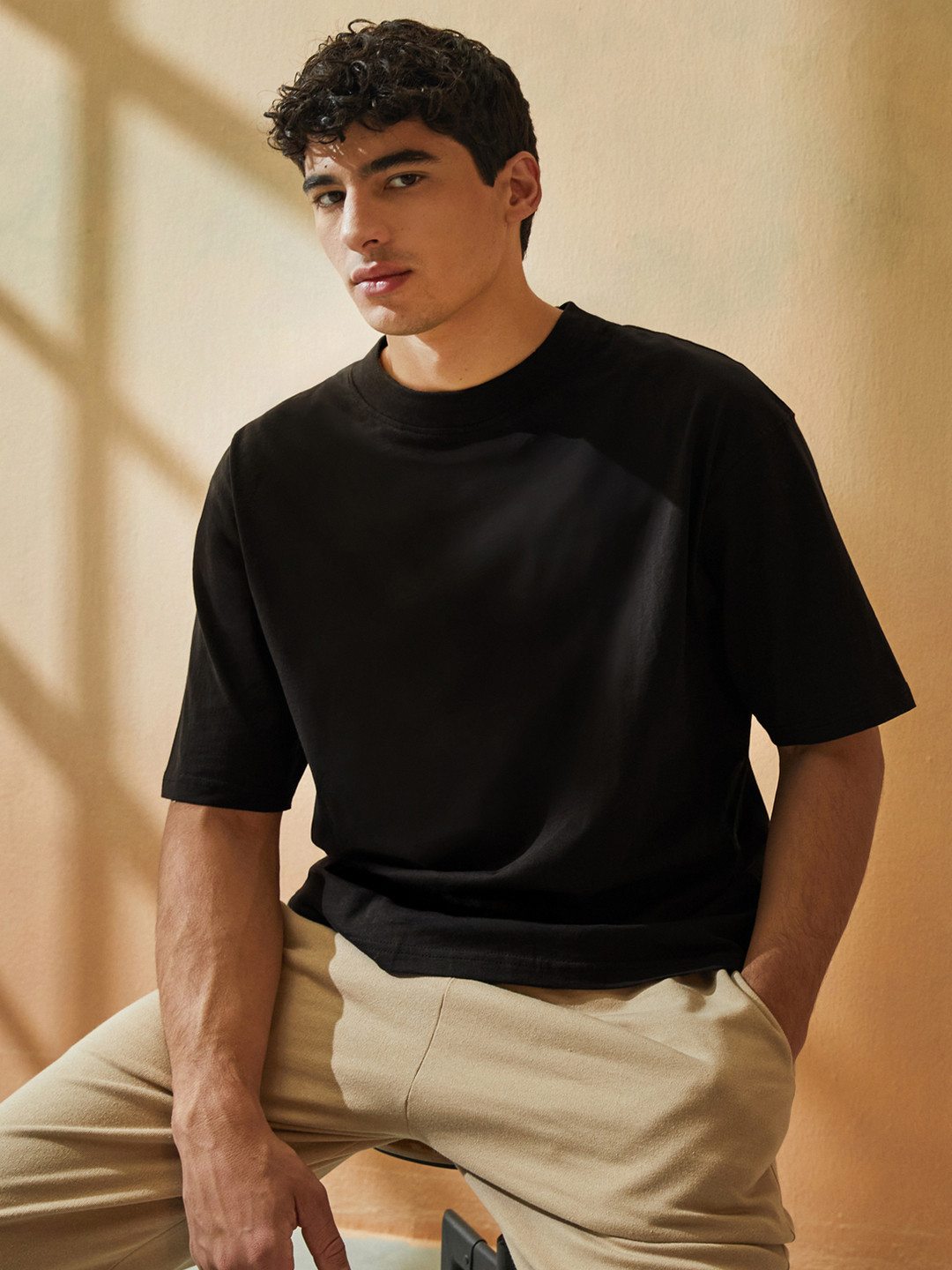 Styli Black Oversized Mock Neck Short Sleeves Cotton T-Shirt