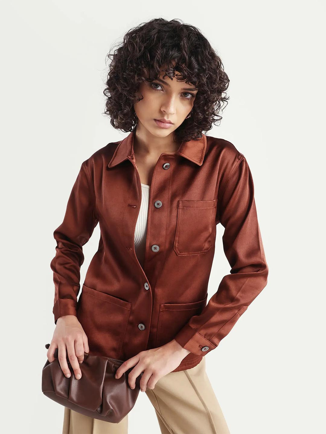 RAREISM Spread Collar Boxy Satin Shacket