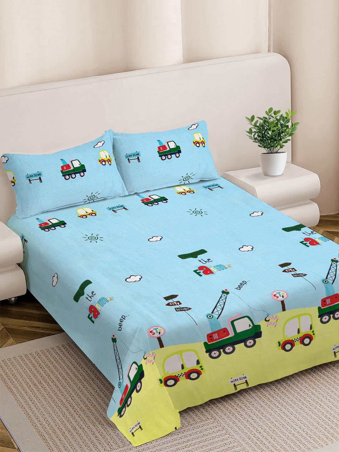 FABINALIV Blue Cartoon Print Polycotton 300 TC King Fine Bedsheet with 2 Pillow Covers