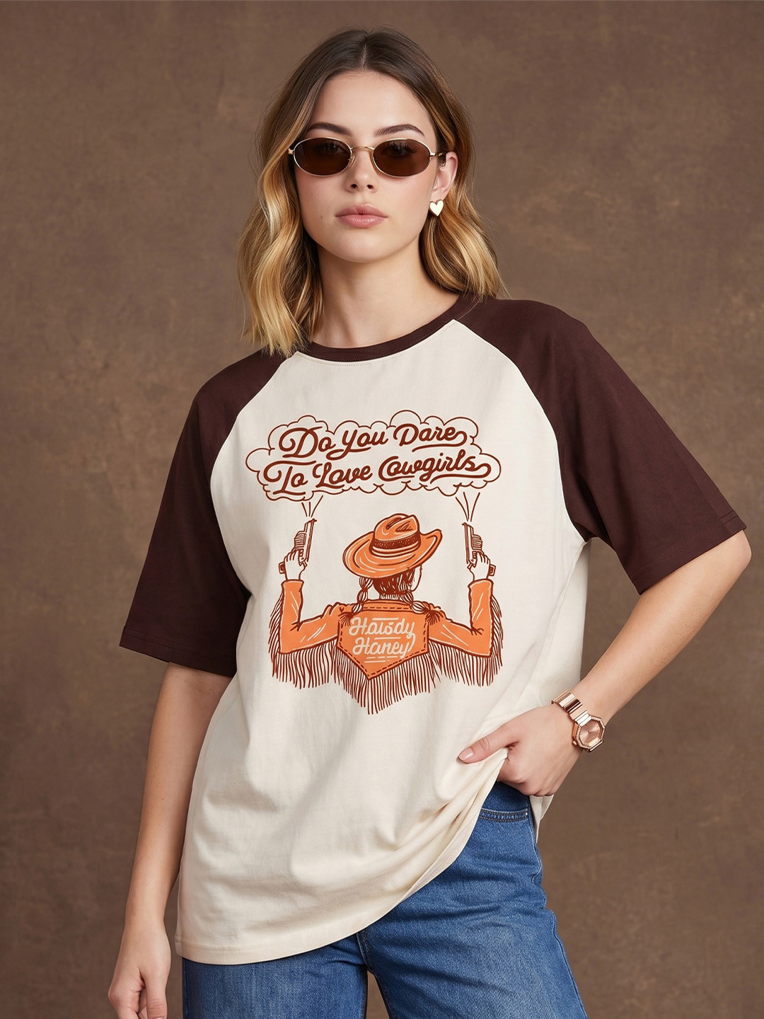 JUNEBERRY Women Brown & Beige Printed Round Neck Raglan Sleeve Oversized T-shirt