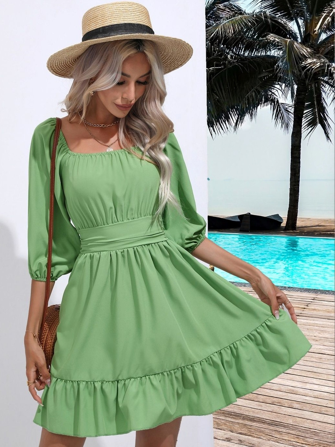 JC Mode Puff Sleeve Ruffled Fit & Flare Mini Dress