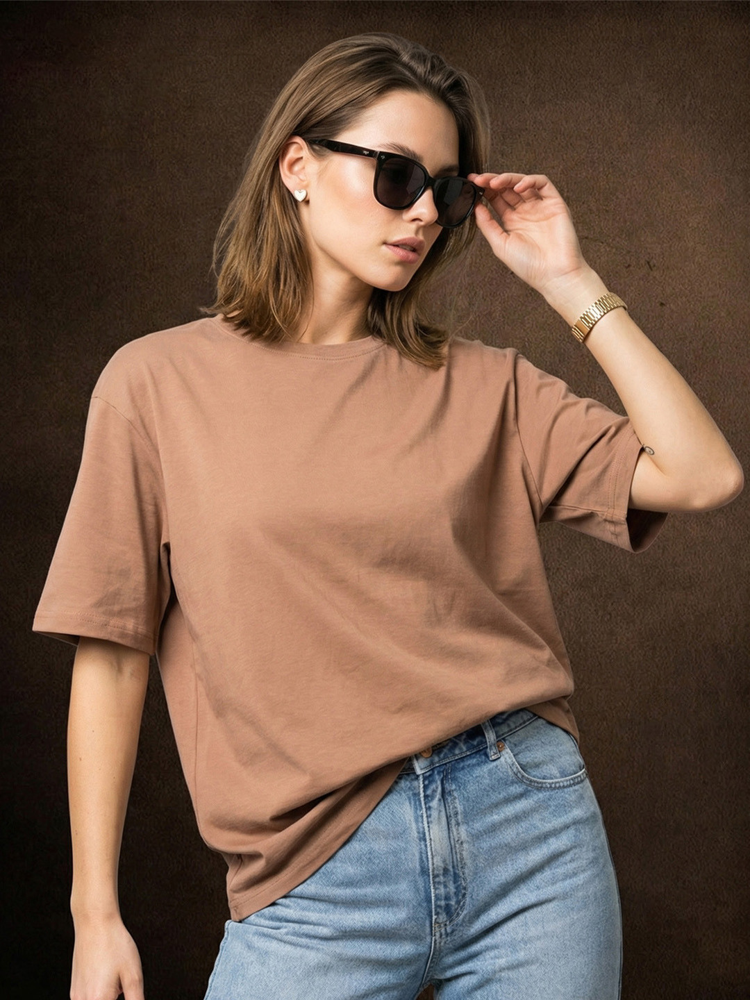 JUNEBERRY Women Brown Solid Round Neck Relaxed Fit Pure Cotton Oversized T-shirt