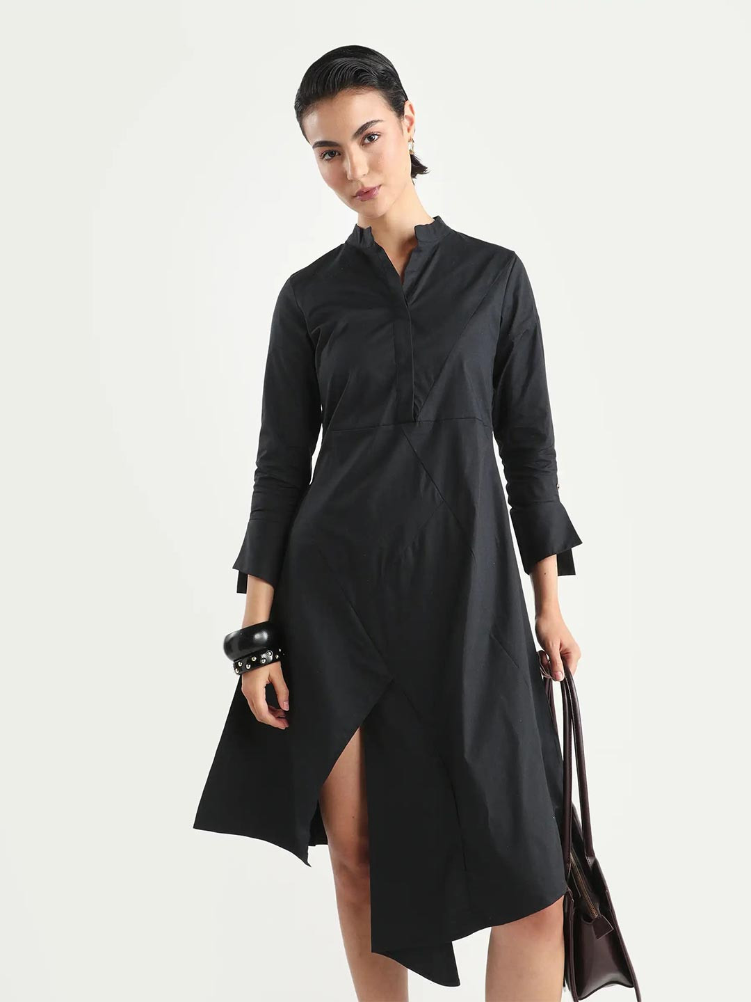 RAREISM Women Black Regular Fit Cuffed Sleeve Mandarin Collar Dress