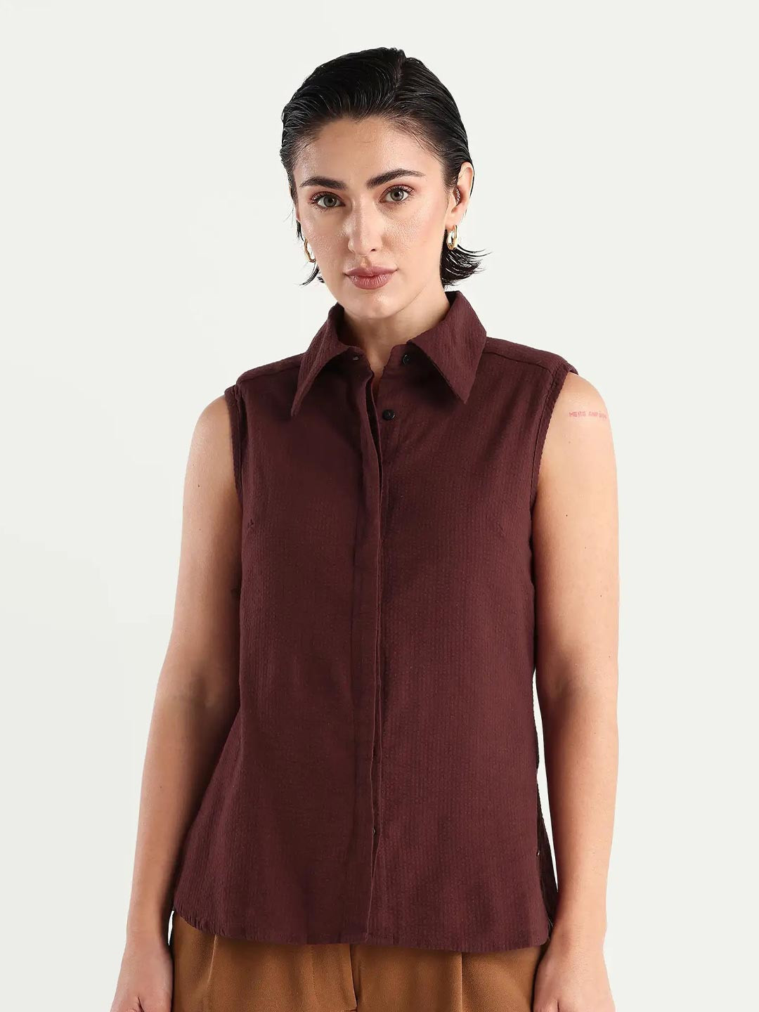 RAREISM Women Brown Regular Plain Sleeveless Drop Collar Shirt