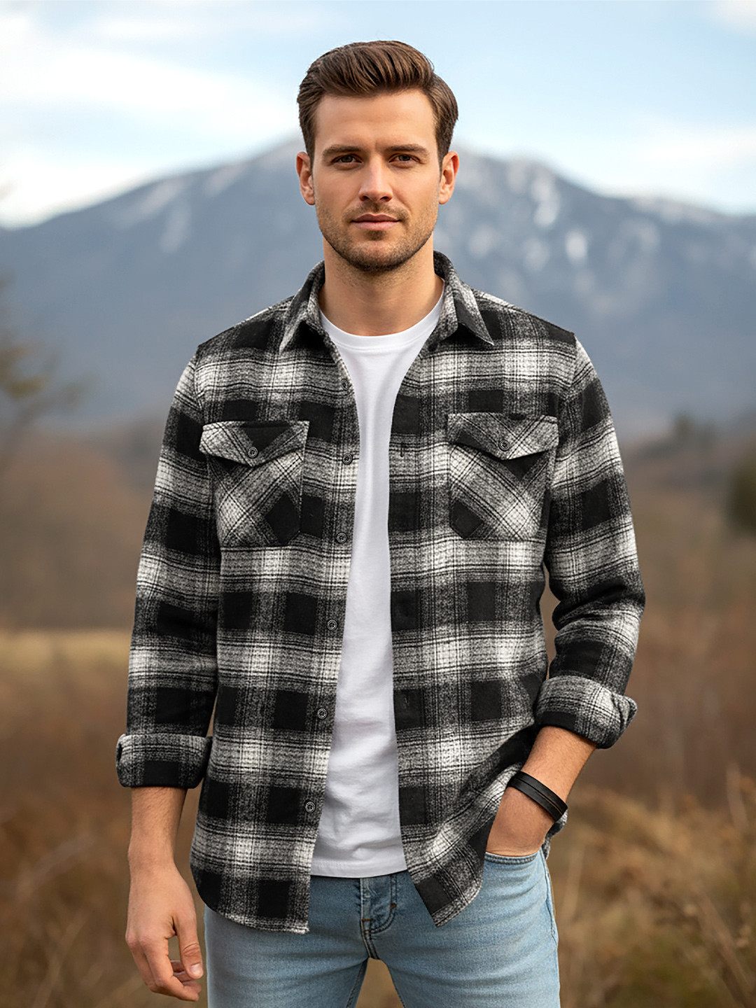 Beyoung Men Checked Spread Collar Flannel Shackets
