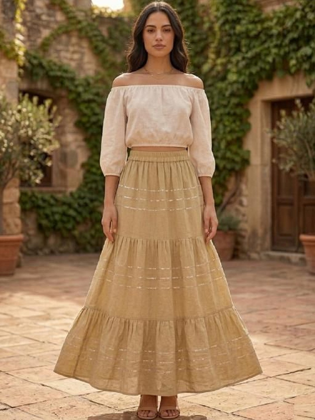 PalloStyle Women Self Design Tiered Maxi Tiered Skirt