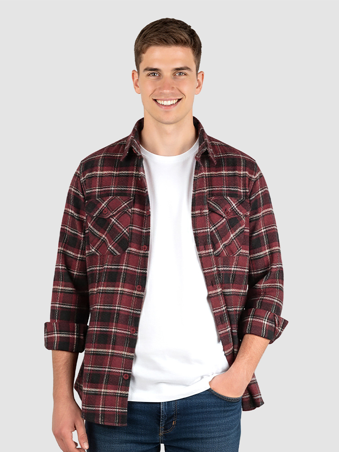 Beyoung Men Checked Spread Collar Flannel Shackets