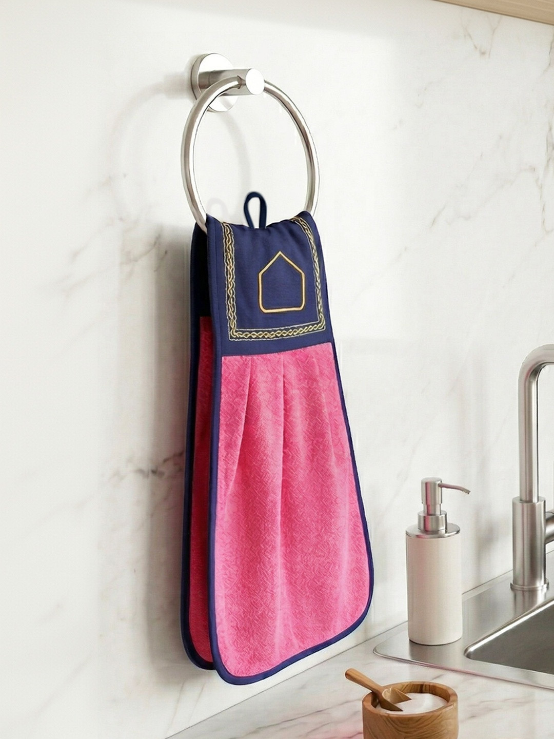 Athom Living Navy Blue & Pink Pure Cotton Soft Skin-Friendly Wash Basin Kitchen Towel