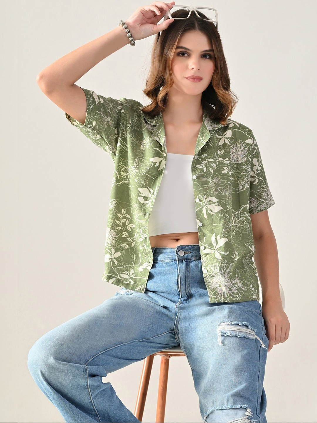 FUBACK Women Classic Floral Printed Casual Shirt