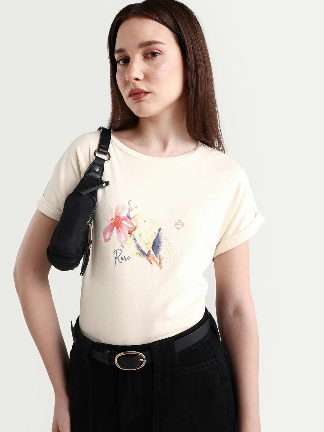 RAREISM Women Beige Graphic Print Boxy Fit Half Sleeve Crew Neck T-Shirt