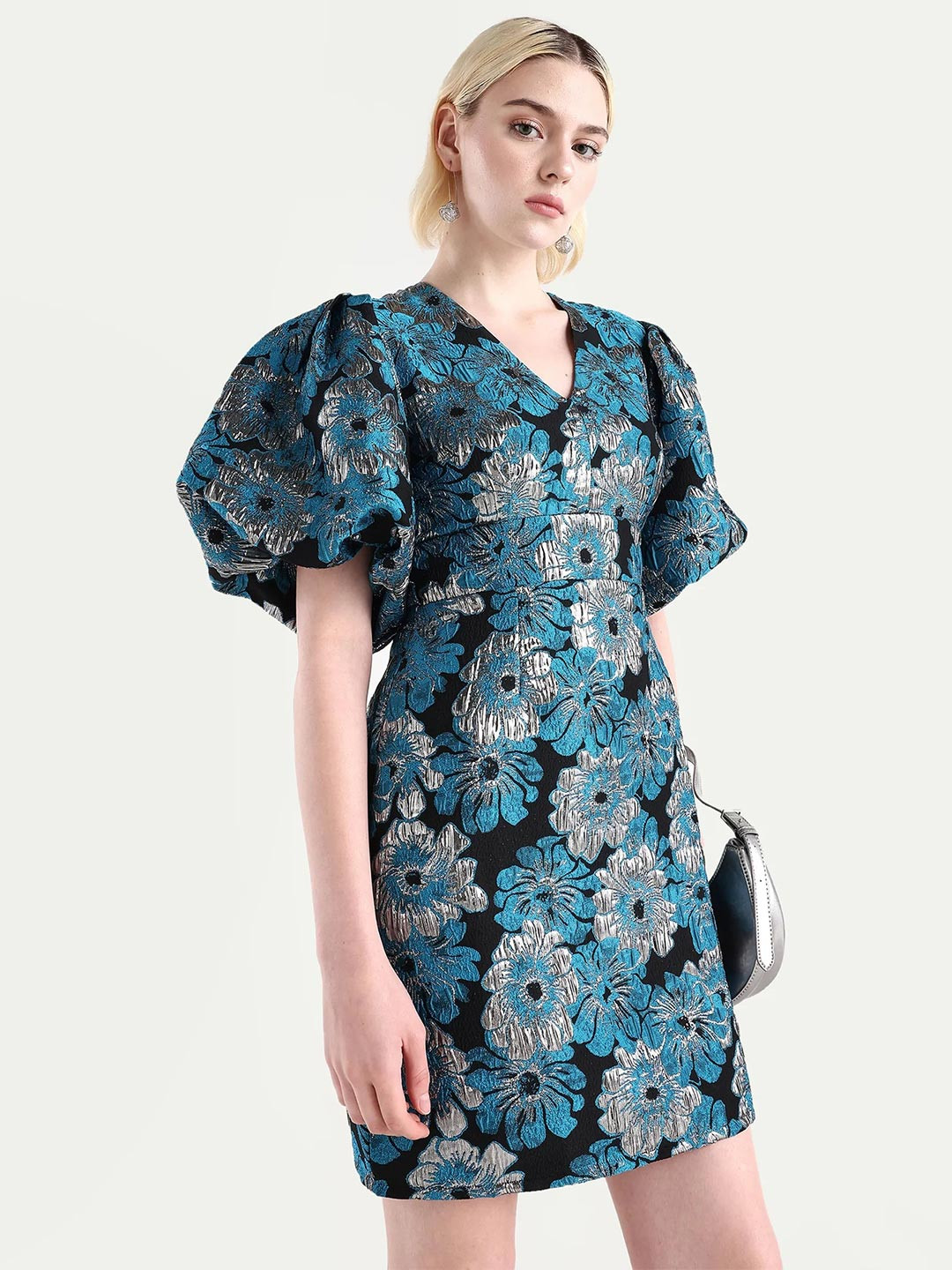 RAREISM Women Blue Regular Fit Puff Sleeve V-Neck Dress