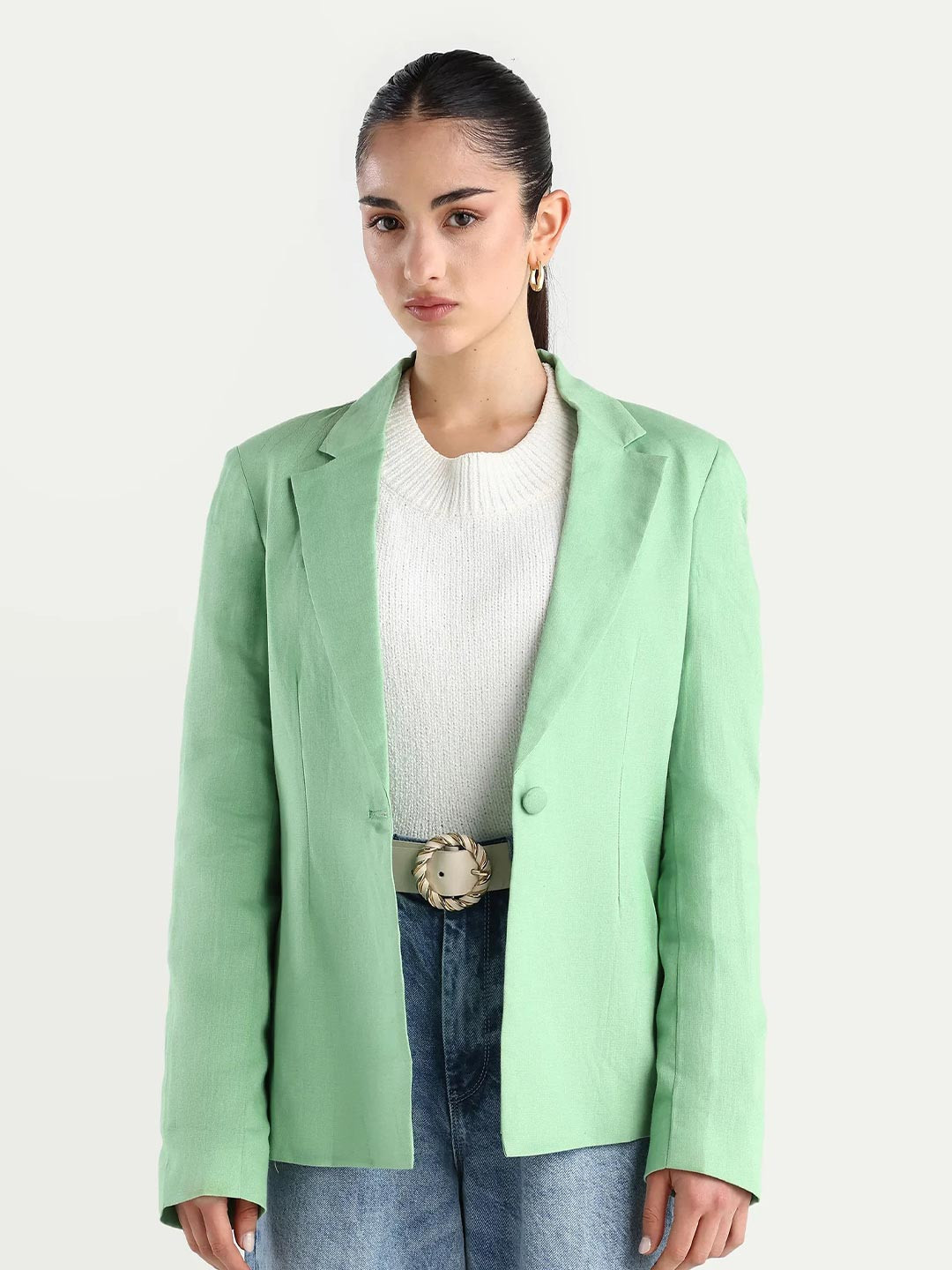 RAREISM Women Green Lapel Neck Regular Fit Plain Blazer