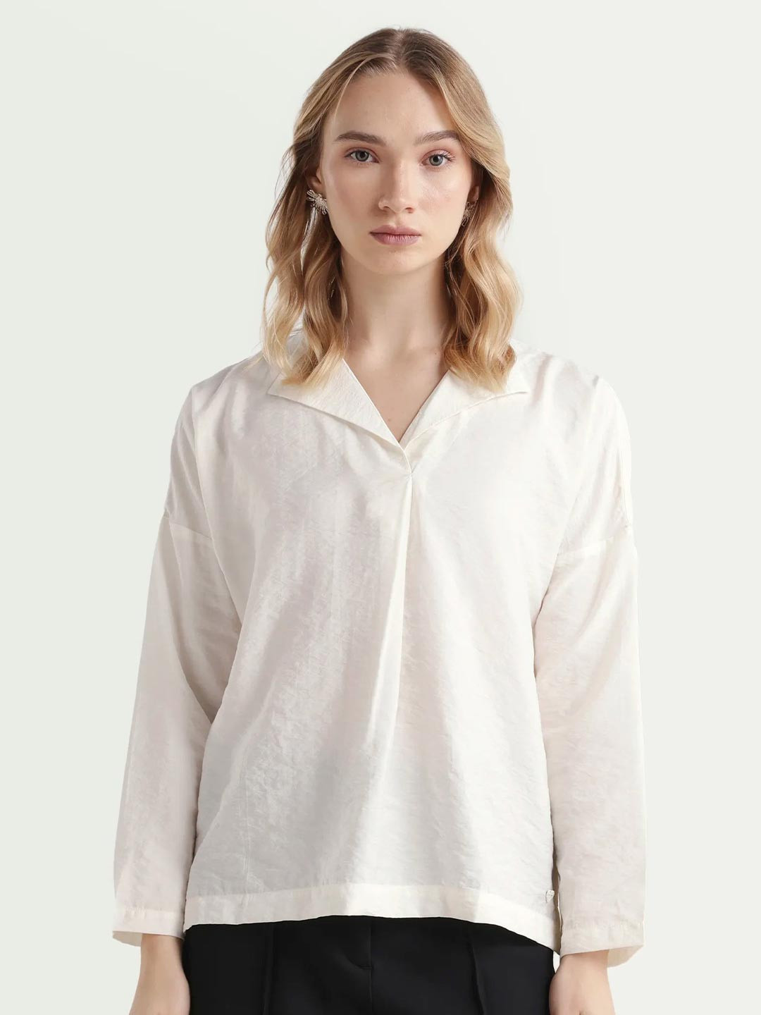 RAREISM Shirt Collar Long Sleeves Semi Sheer Top