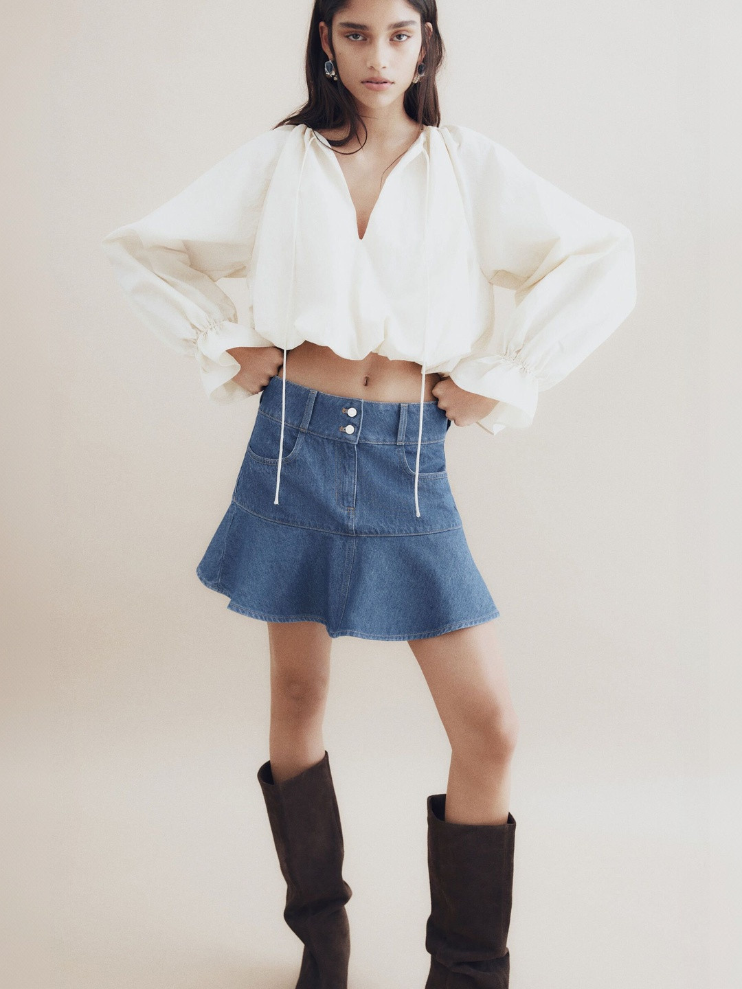 H&M Flounced Denim Mini Skirt