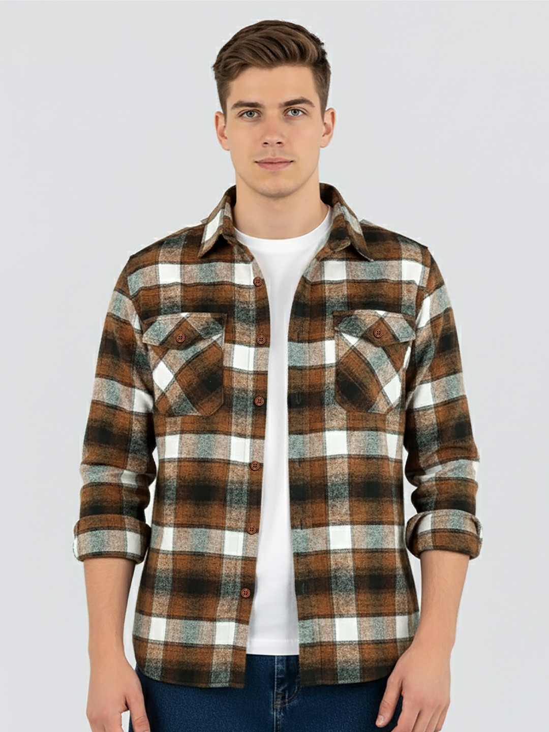 Beyoung Men Checked Spread Collar Flannel Shackets