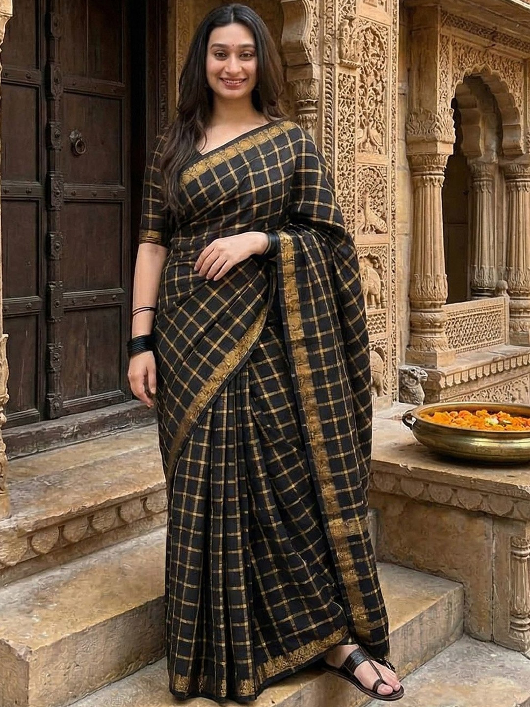Mitera Checked Silk Blend Banarasi Saree