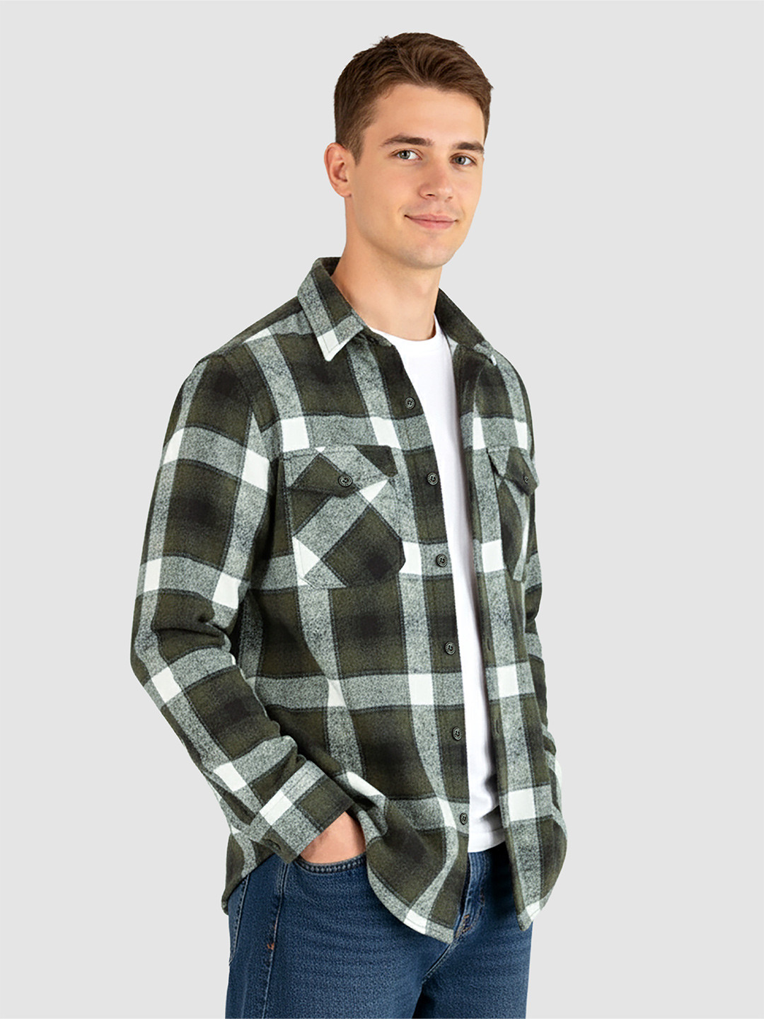 Beyoung Men Checked Spread Collar Flannel Shackets