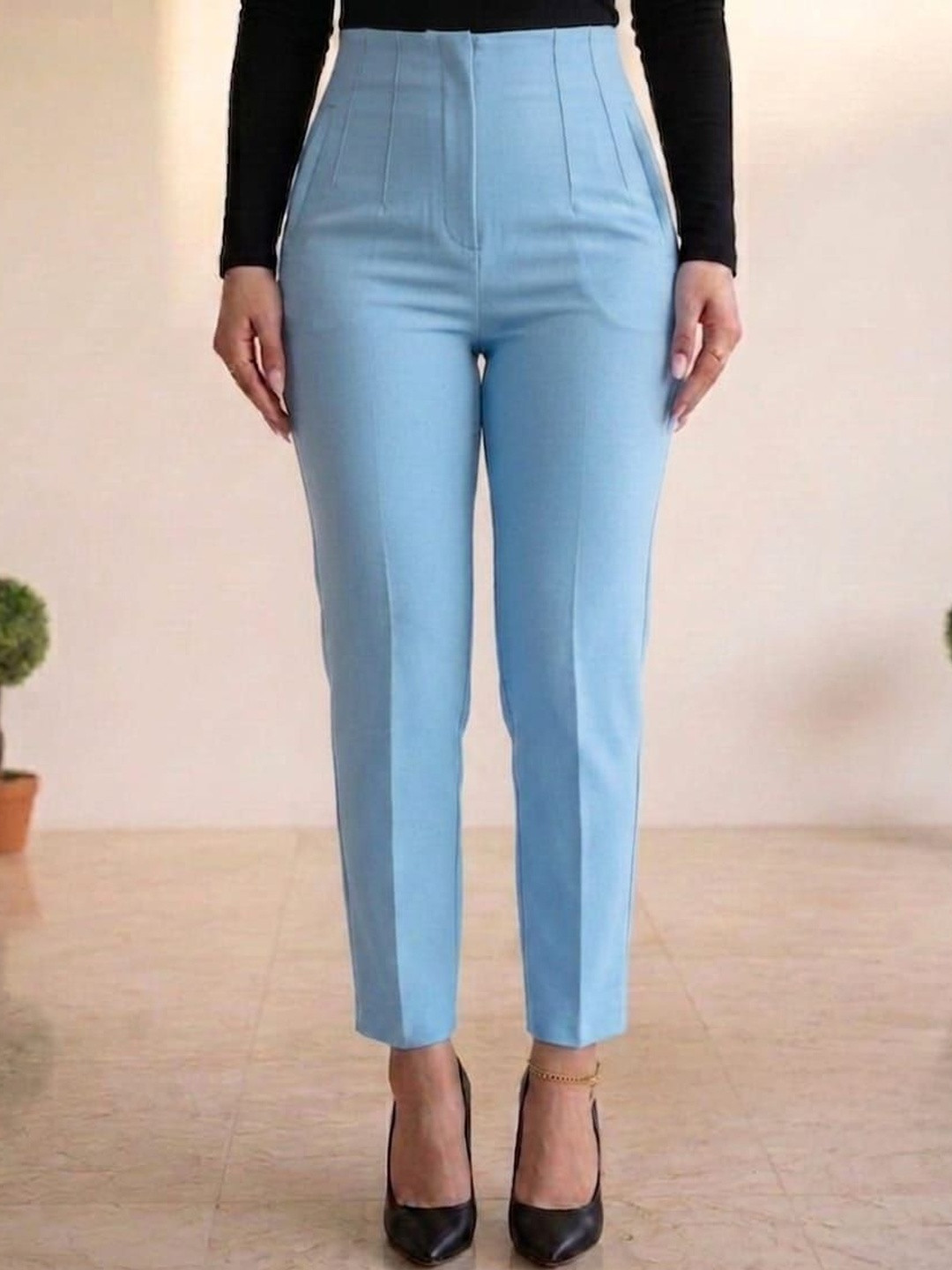 HIGH BUY Women Tailored Slim Fit High-Rise Easy Wash Trousers