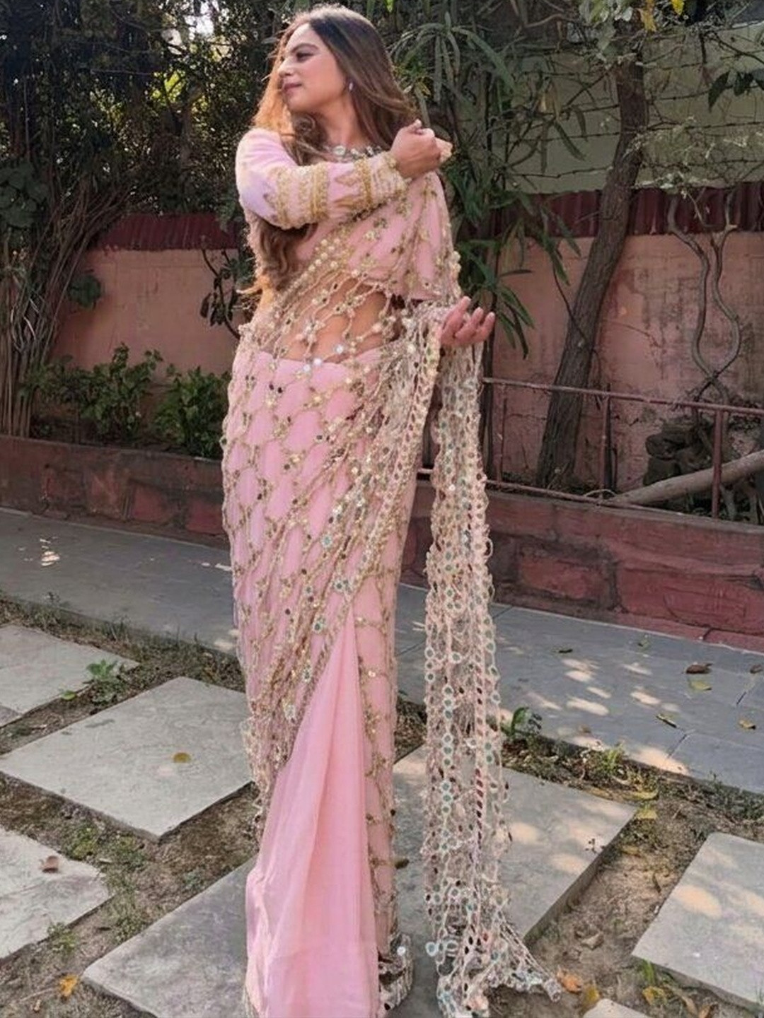 Moda Rapido Embellished Mirror Work Silk Blend Heavy Work Saree