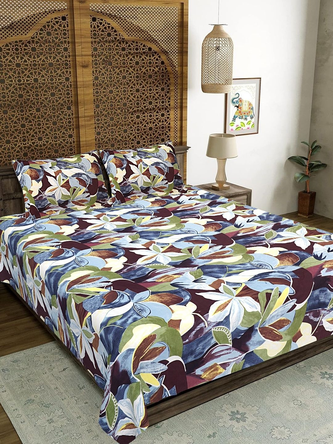 JAIPUR FABRIC Multicoloured Floral 144 TC Double Bedsheet with 2 Pillow Covers