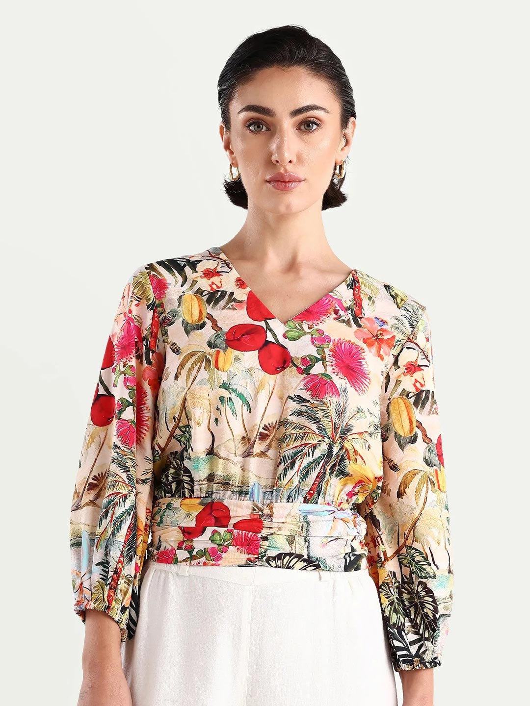 RAREISM Floral Printed V-Neck Puff Sleeves Blouson Top