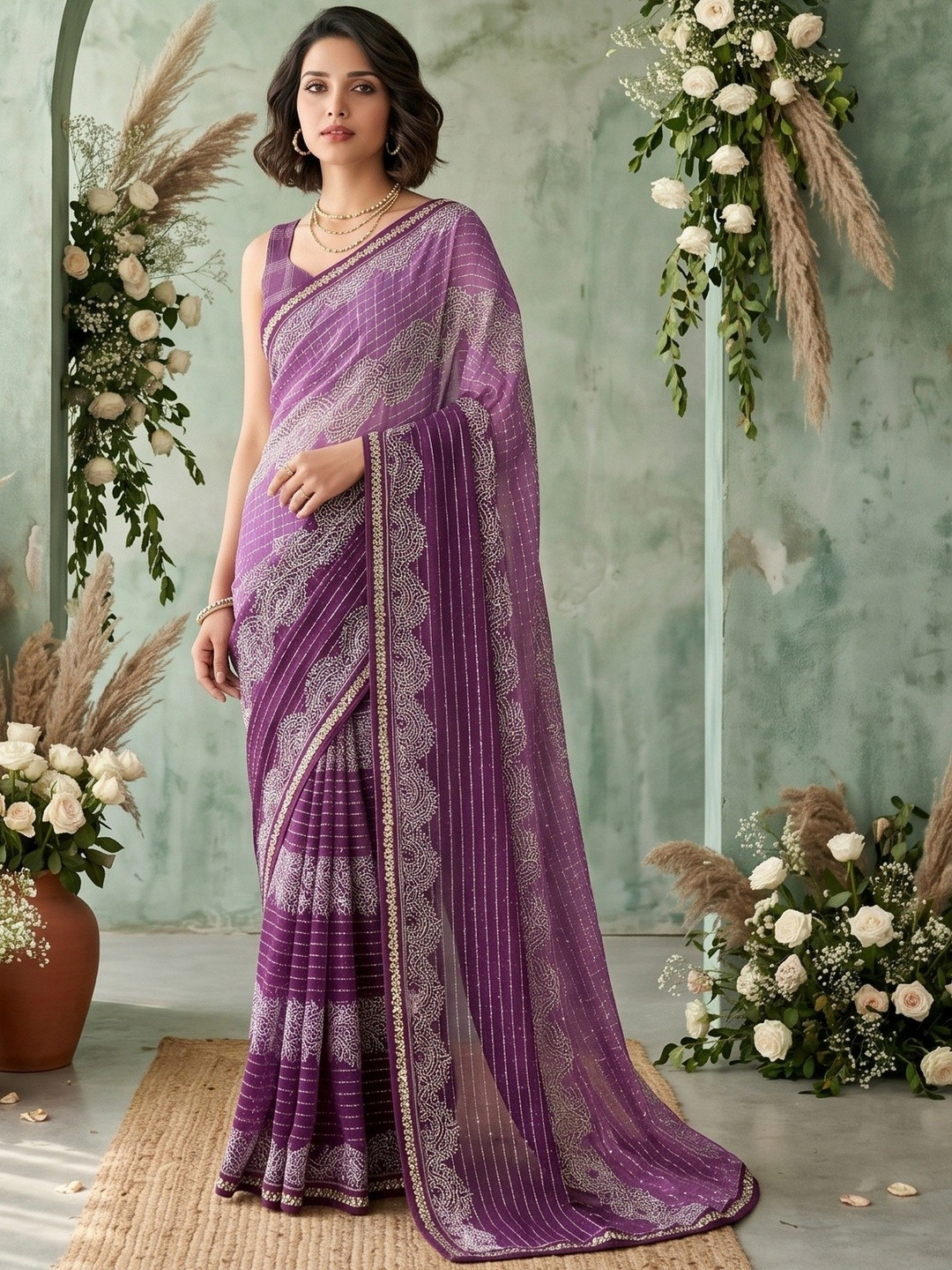 TASRIKA Ethnic Motifs Embroidered Pure Georgette Heavy Work Saree