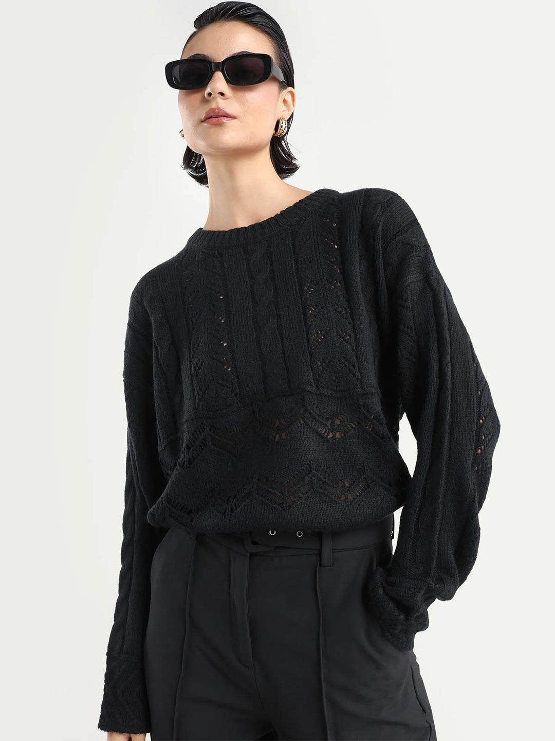 RAREISM Women Black Plain Full Sleeve Full Sleeve Boxy Fit Sweater