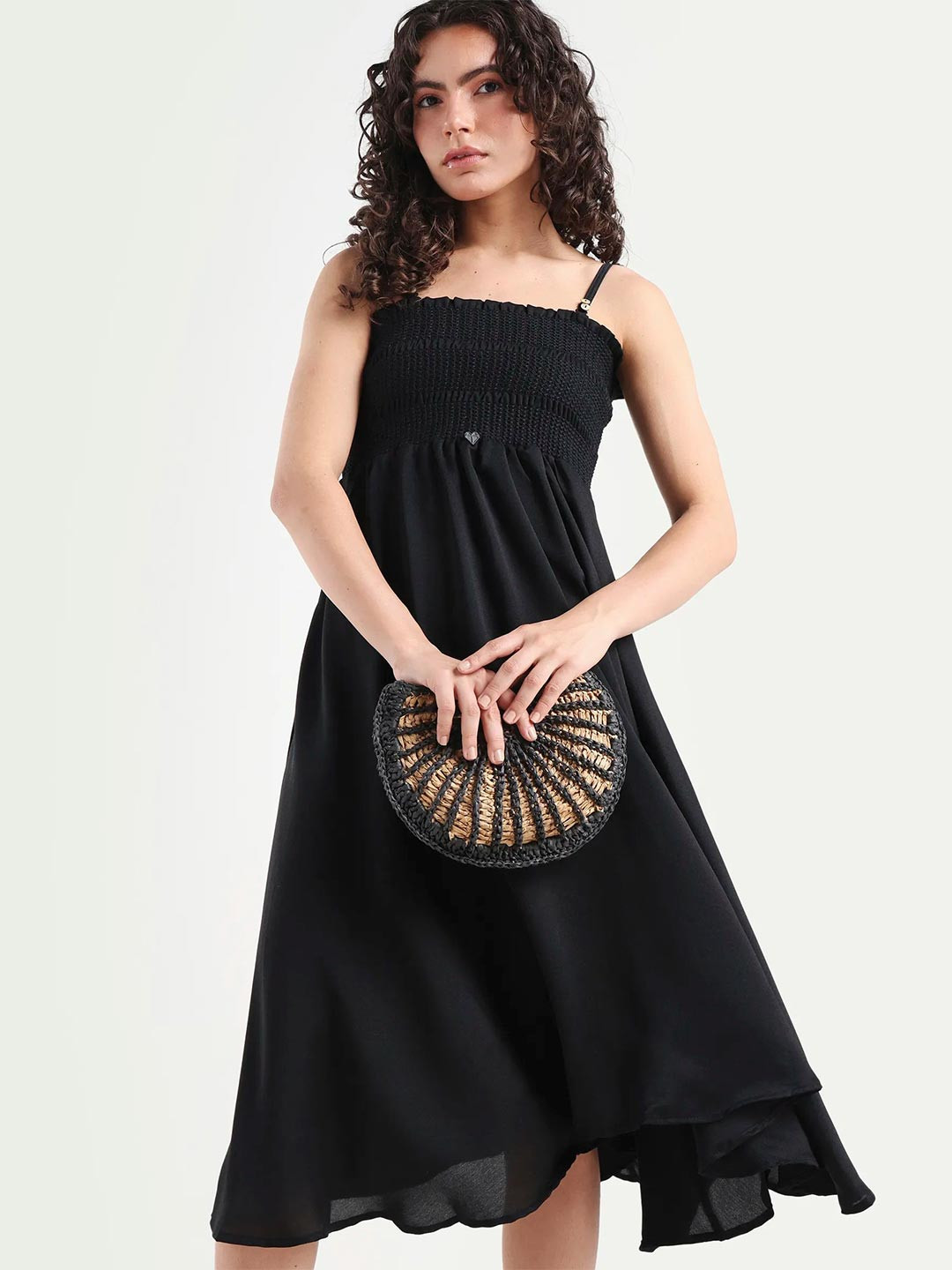 RAREISM Women Black Fit And Flare Fit Collarless Dress