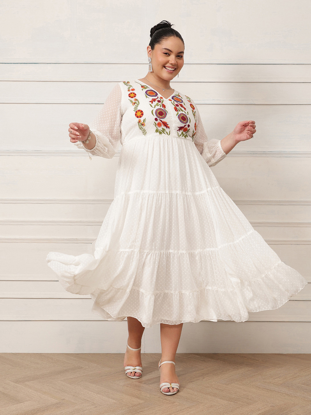 Antheaa Curve Floral Embroidered Chiffon Fit & Flare Midi Dress