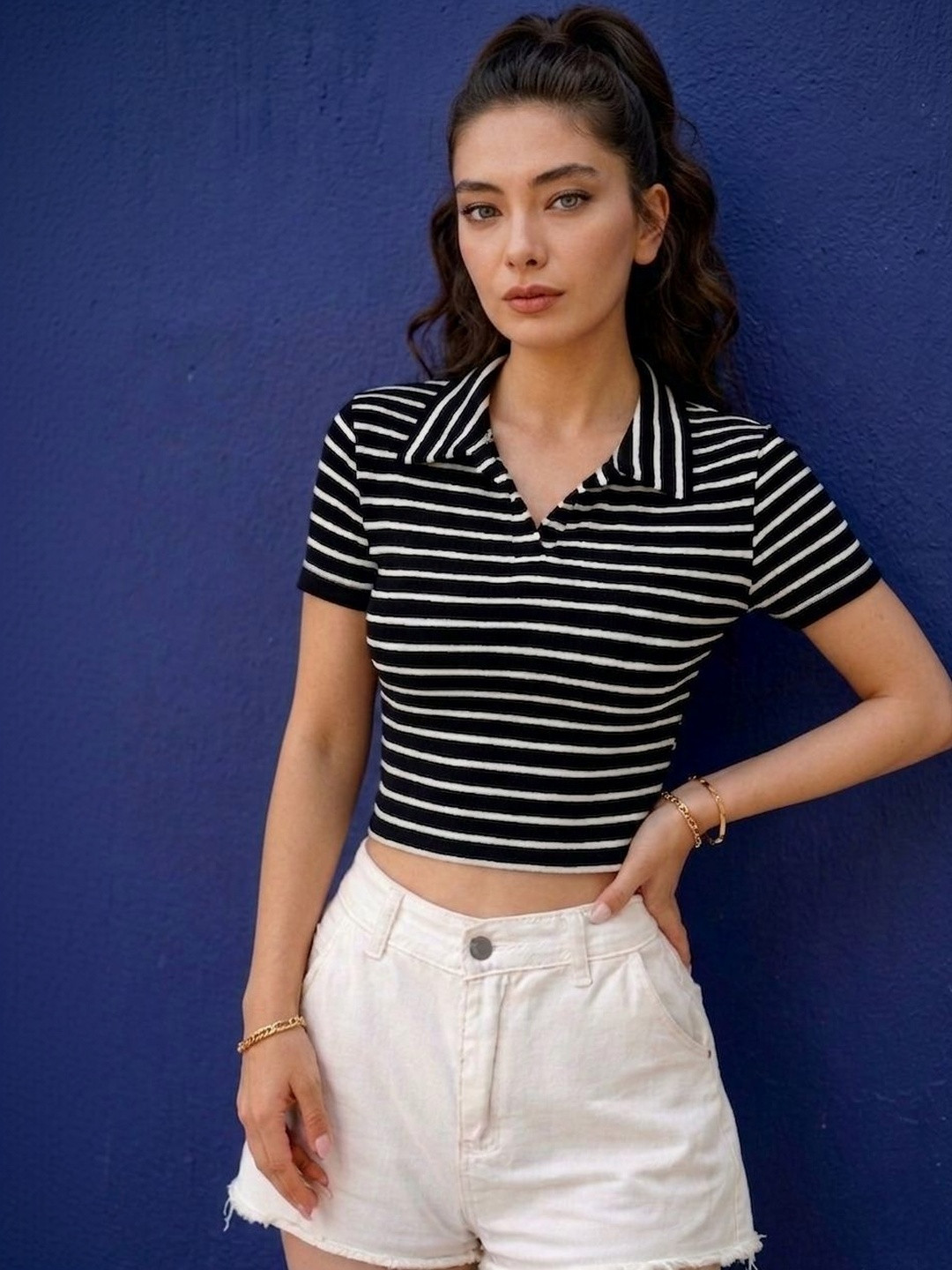 TRENDY ERA Striped Shirt Collar Crop Top