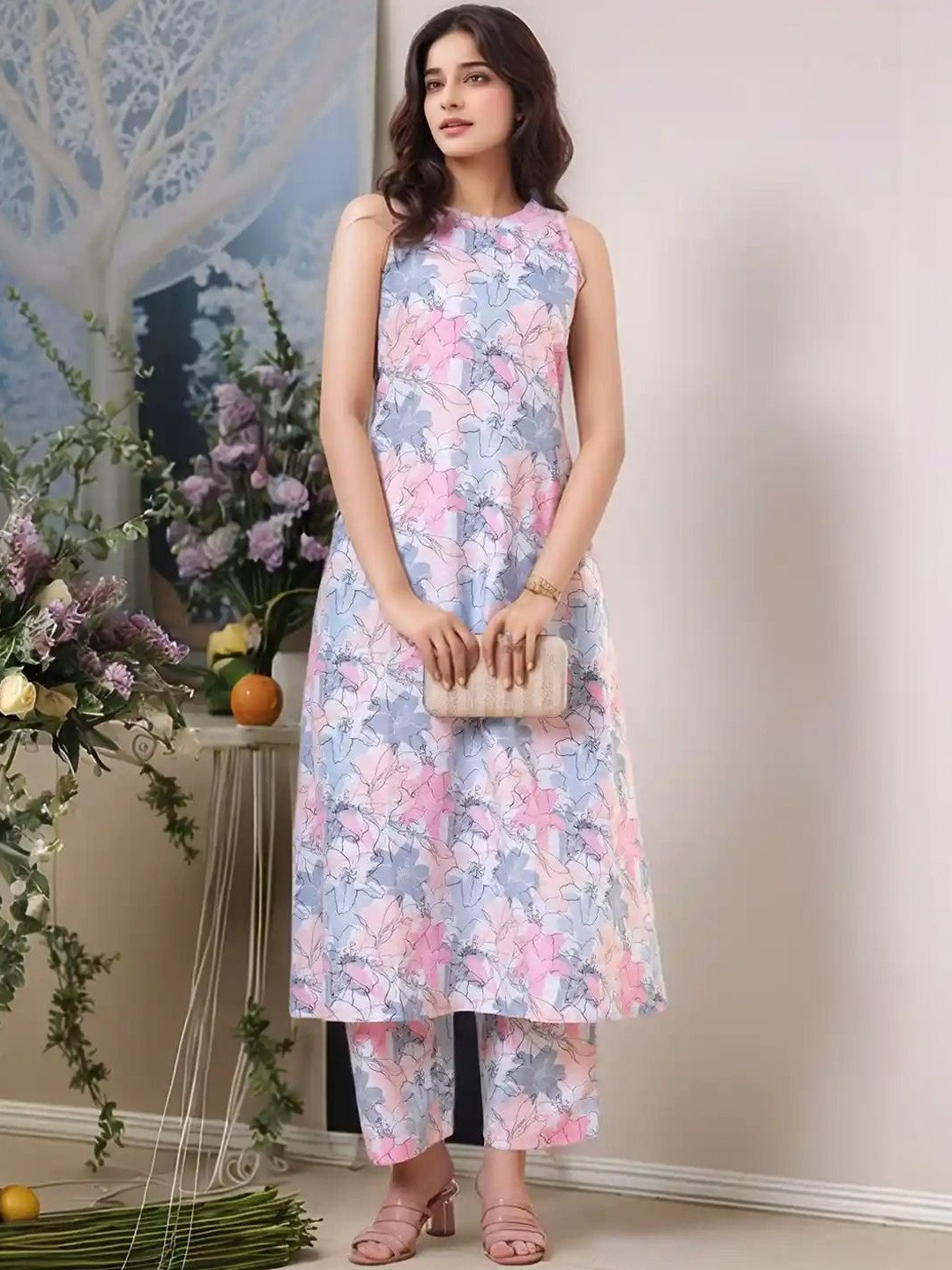 THEOMFAB Women Floral Printed Regular Kurta with Trousers
