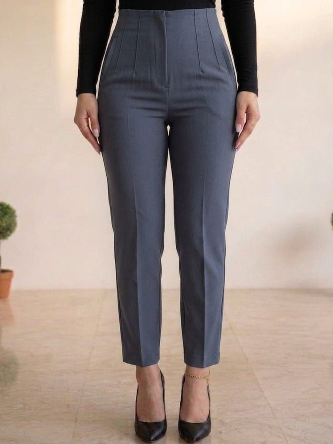 HIGH BUY Women Tailored Slim Fit High-Rise Easy Wash Trousers