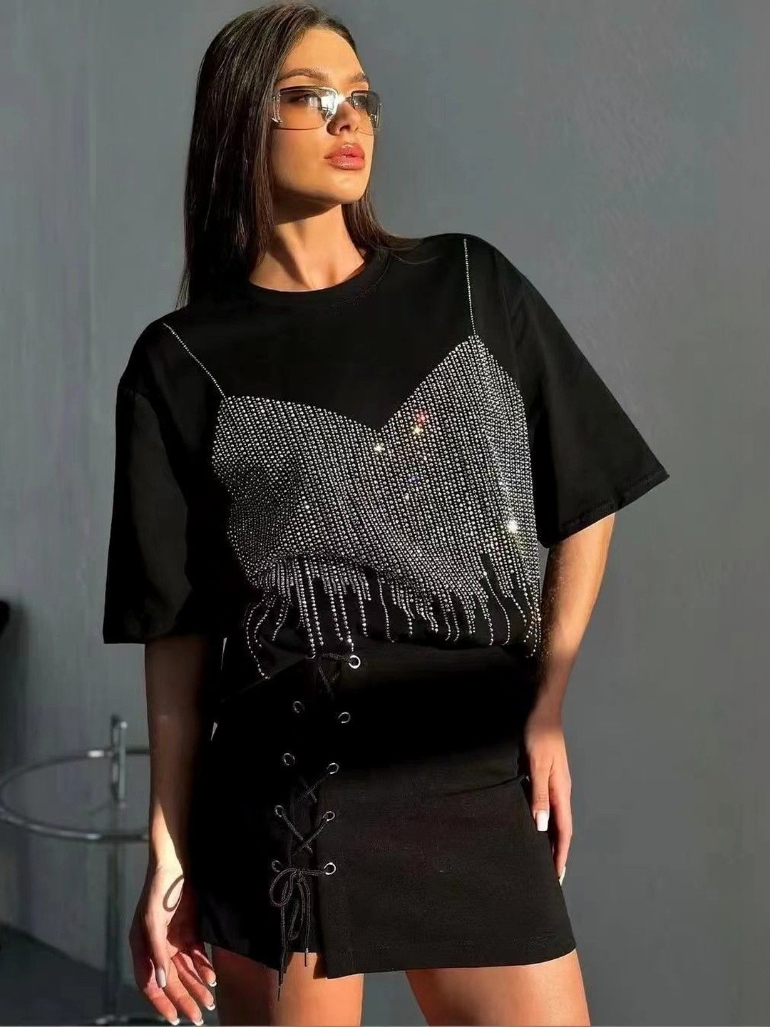 StyleCast Women Relaxed Fit Embellished Party T-shirt