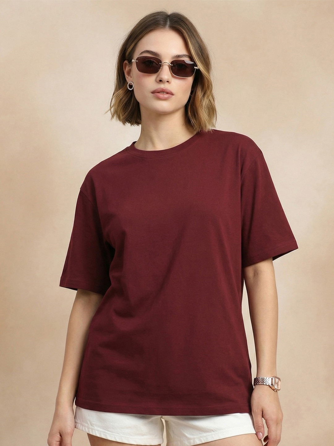 JUNEBERRY Women Maroon Bio Finish Solid Pure Cotton Round Neck Relaxed Oversized Fit T-shirt