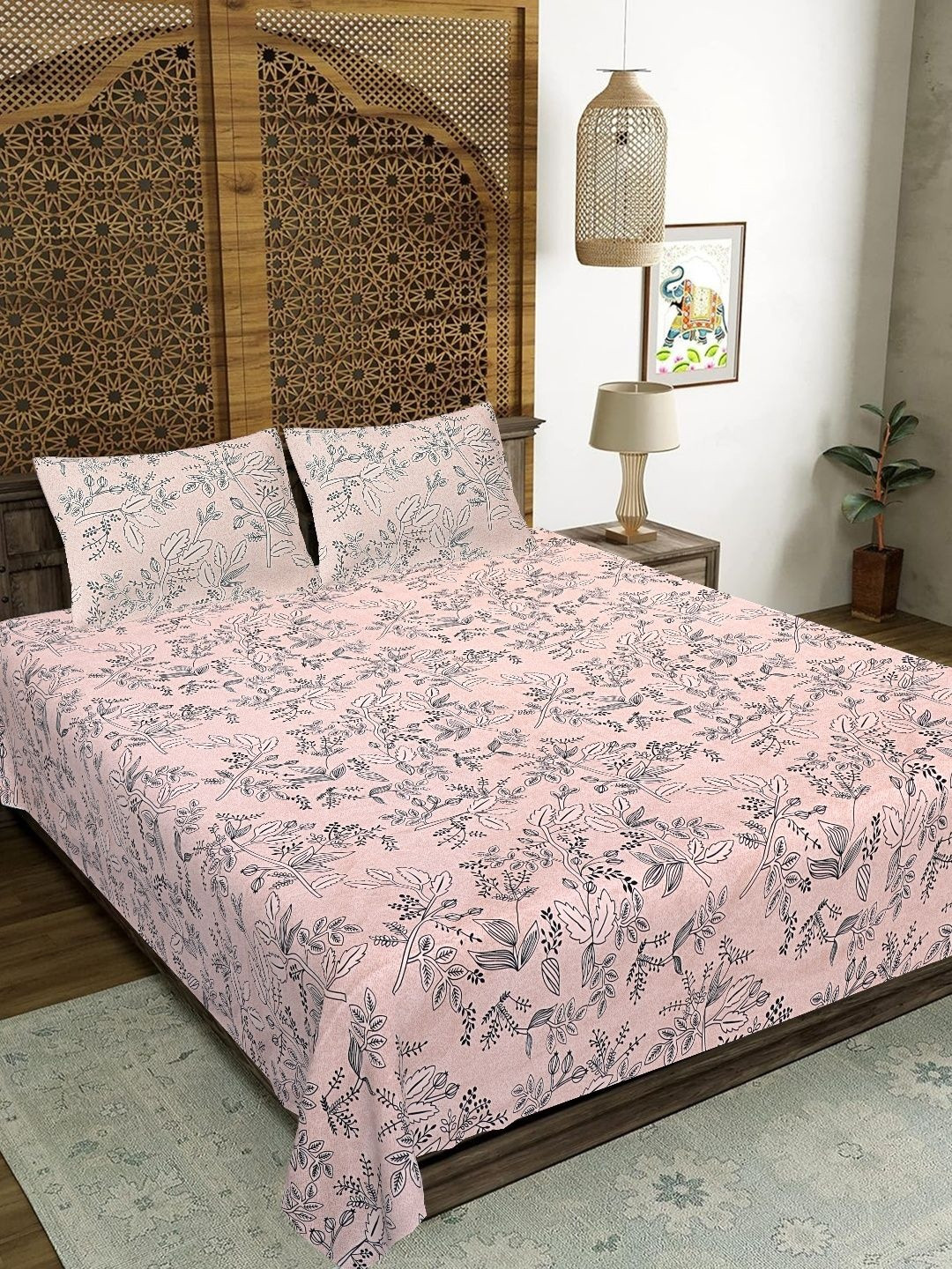JAIPUR FABRIC Peach-Coloured Floral 144 TC Double Bedsheet with 2 Pillow Covers