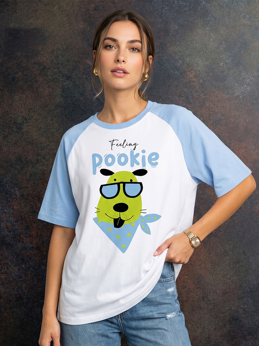 JUNEBERRY Women Blue Printed Raglan Sleeve Relaxed Fit Pure Cotton Oversized T-shirt