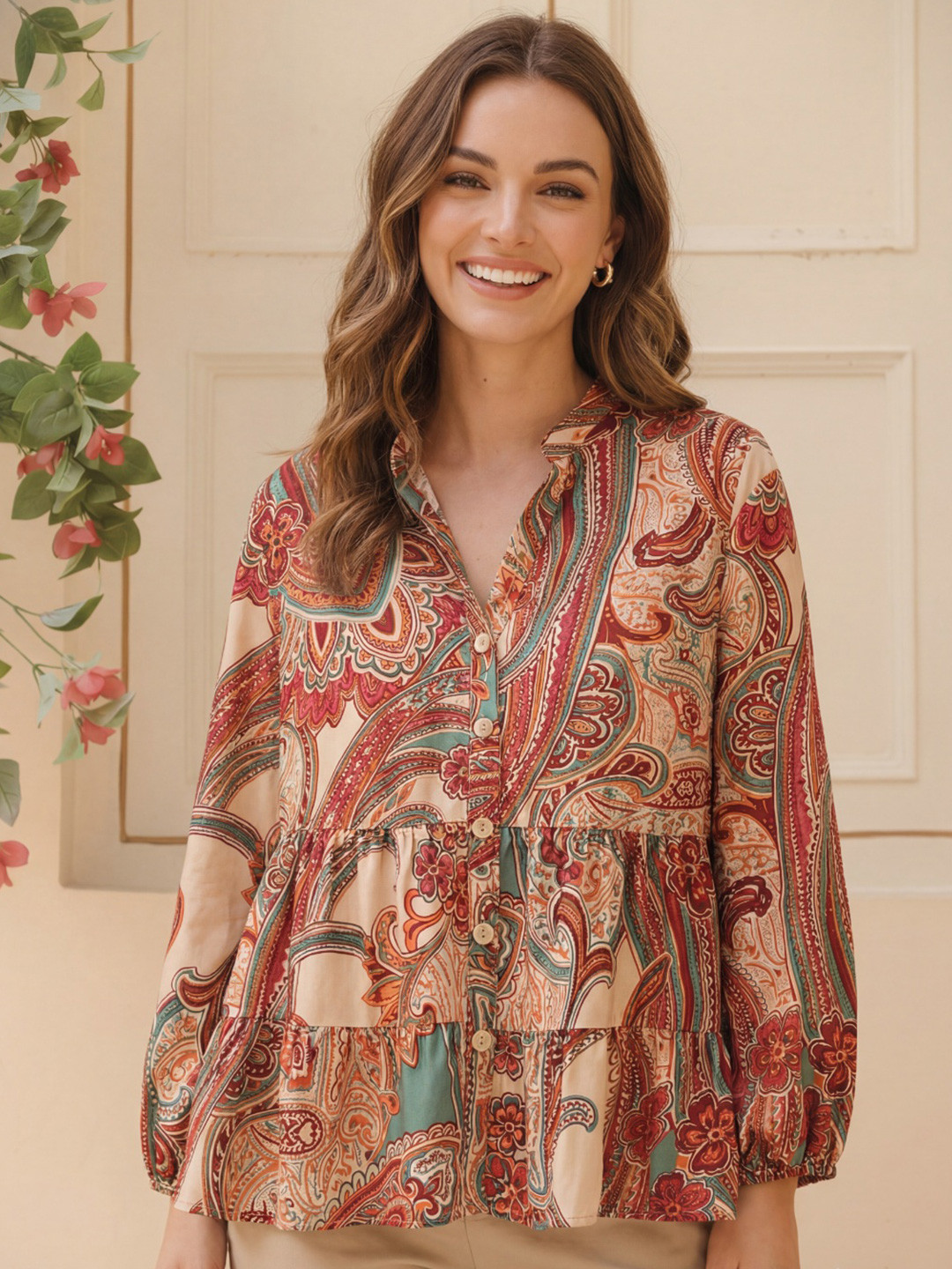 SZN Ethnic Motifs High Neck Bishop Sleeves Peplum Top