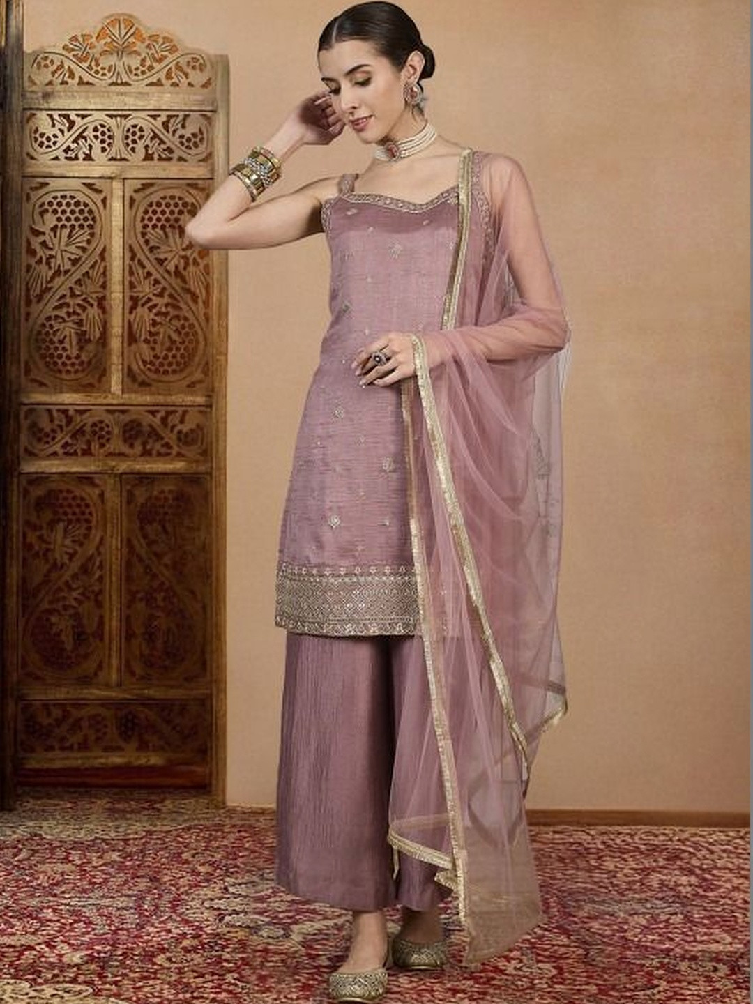 HAMSIKA Women Ethnic Motifs Embroidered Regular Thread Work Kurta with Palazzos & With Dupatta