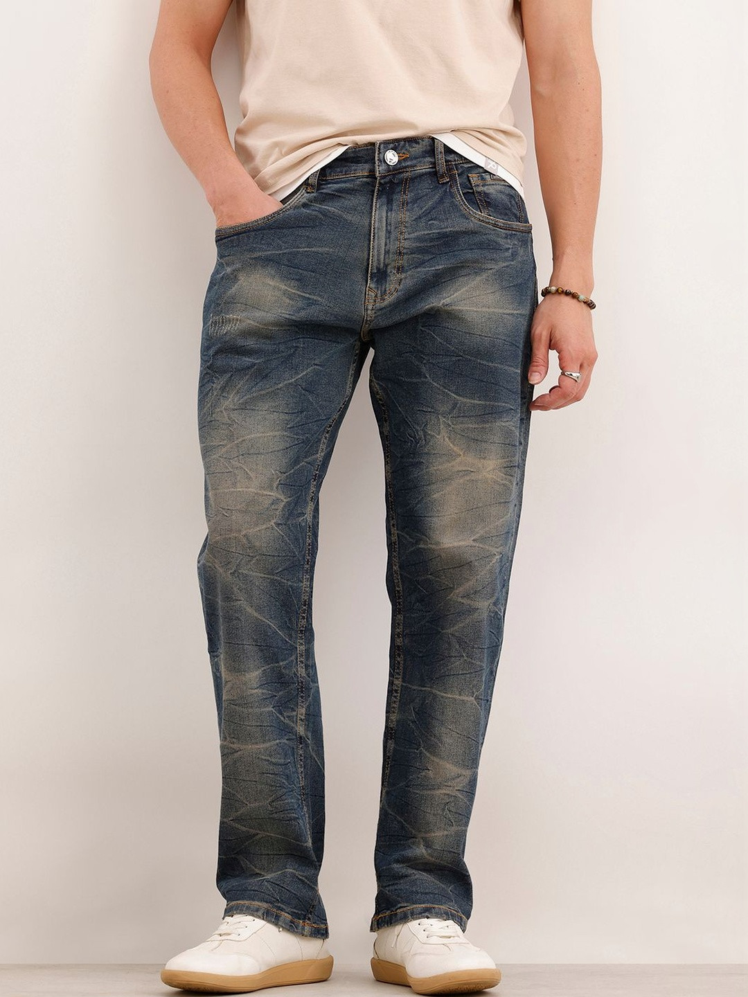 WROGN Men Anti Regular Fit High-Rise Heavy Fade Stretchable Jeans