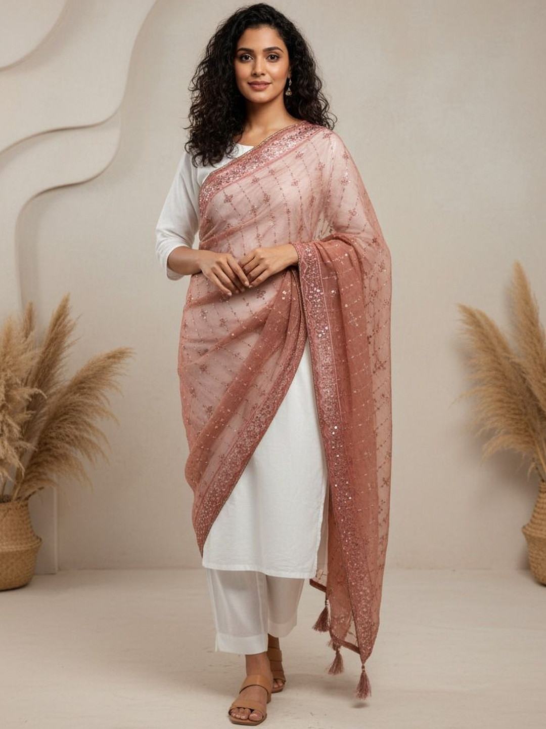 Komurr Embroidered Organza Dupatta with Sequinned