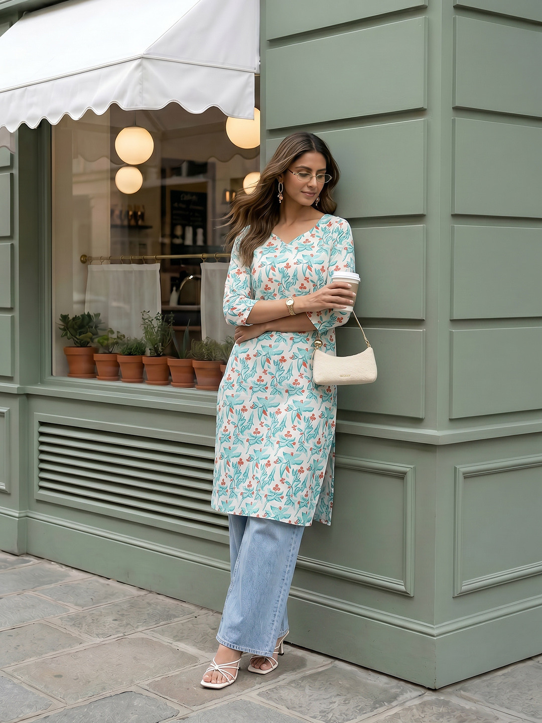 Anouk Rustic Floral Printed V-Neck Straight Kurta
