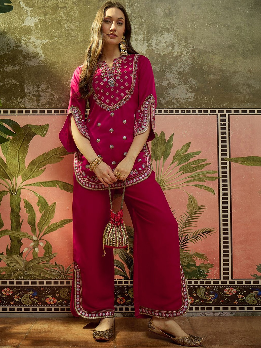 Sangria Embroidered Round Neck Kurta & Palazzos Kurta Set