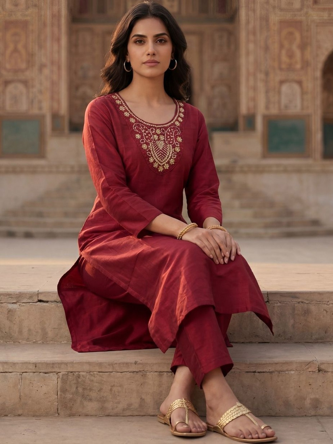 SDK FASHION Women Ethnic Motifs Embroidered Regular Thread Work Kurta with Trousers